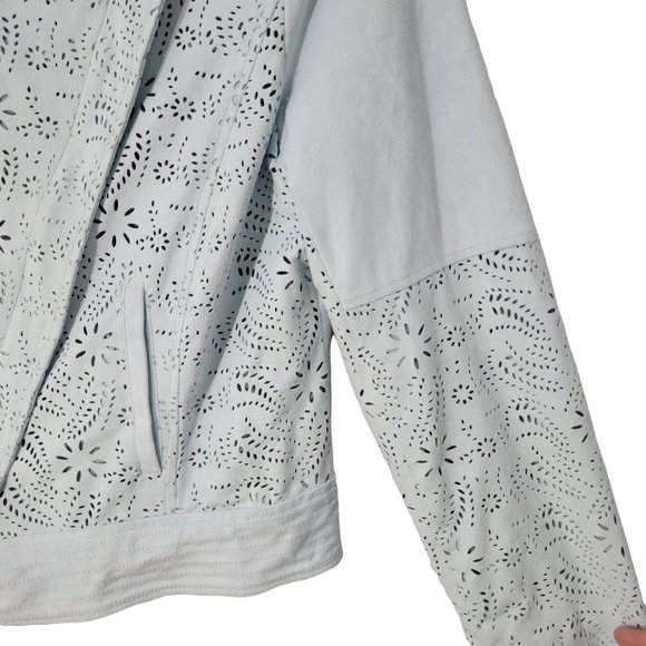 Chico's Women's Biker Jacket Color Light Blue Laser cut details Sz 1 - Picture 5 of 8